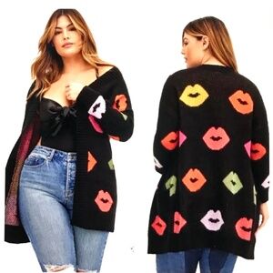 TORRID Cardigan Open Front Sweater Lip Print Black Pink Women’s Plus Size 2X